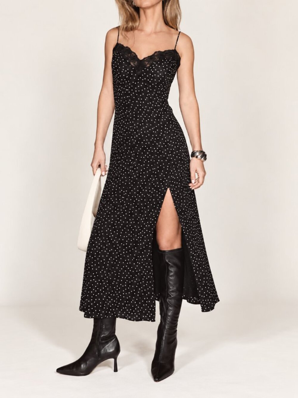 Reformation Lucine Women's Size 4 Black Dot Lace Midi Slip Dress Y2K Chic Party